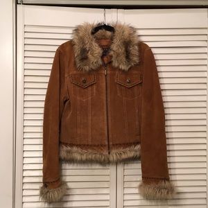 Suede jacket with faux fur trim